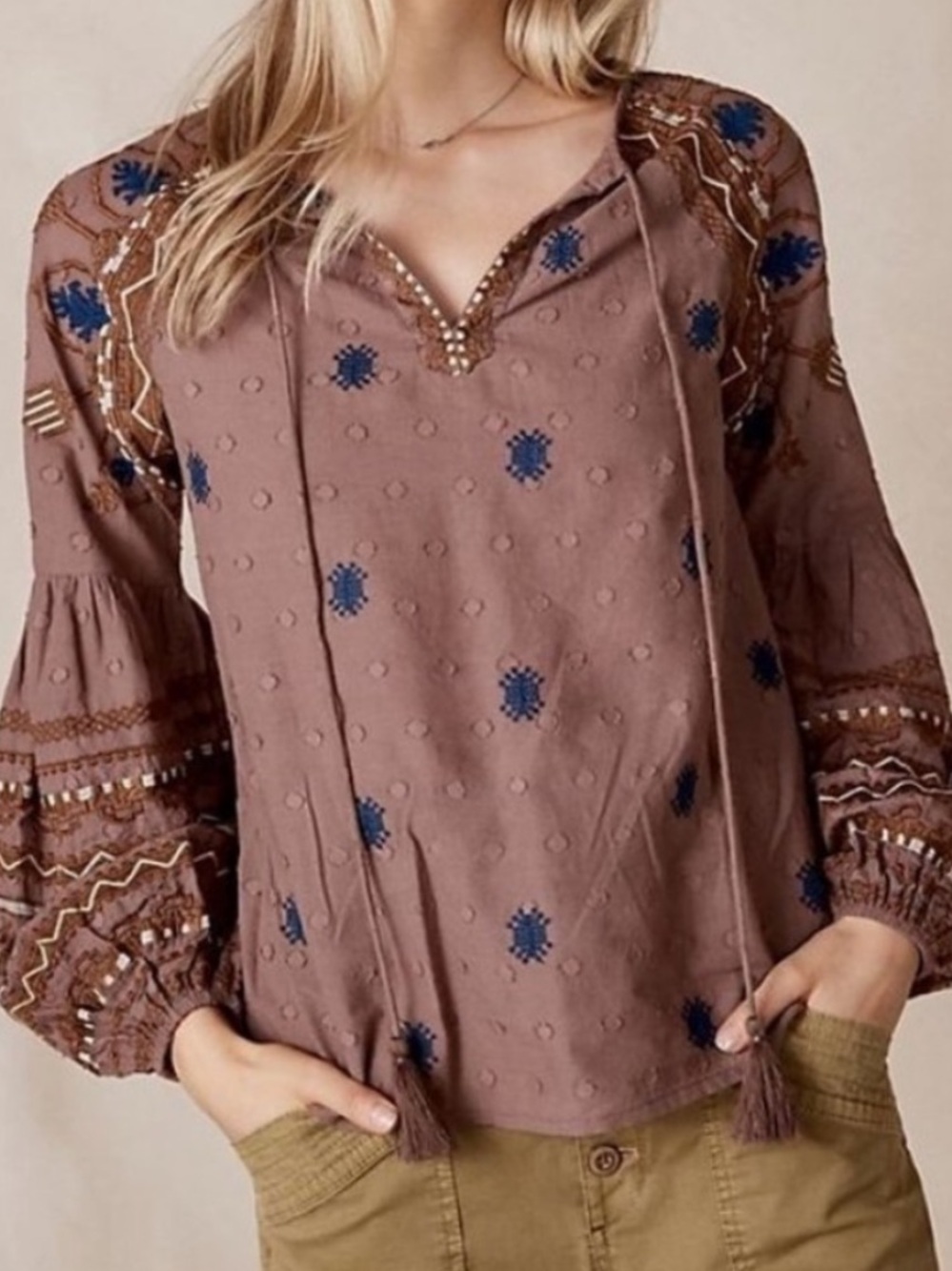 Anthropologie Seen Worn Kept Layla Embroidered Tassel Tunic Top US 10 Brown Blue